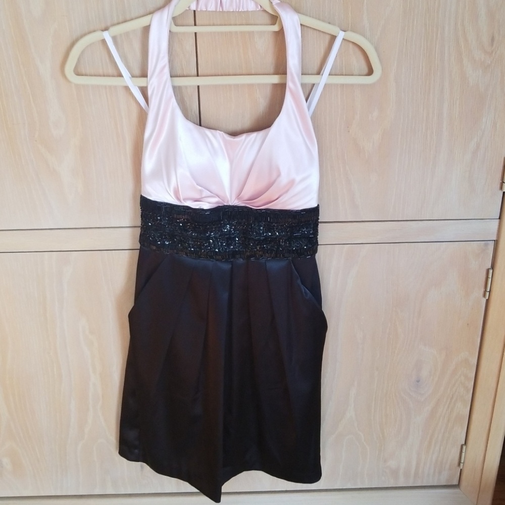 Light pink & black party dress, halter style.